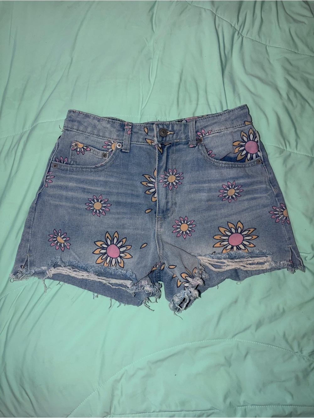 No Boundaries Blue Denim Shorts with Pink & Yellow Floral Print